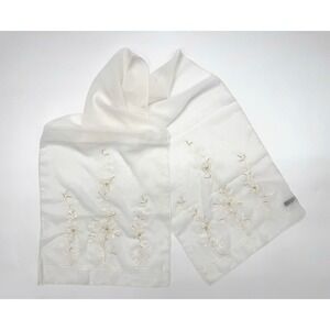 Vintage White Sheer Scarf Floral Embroidered Beaded Elegant Evening Formal Wrap